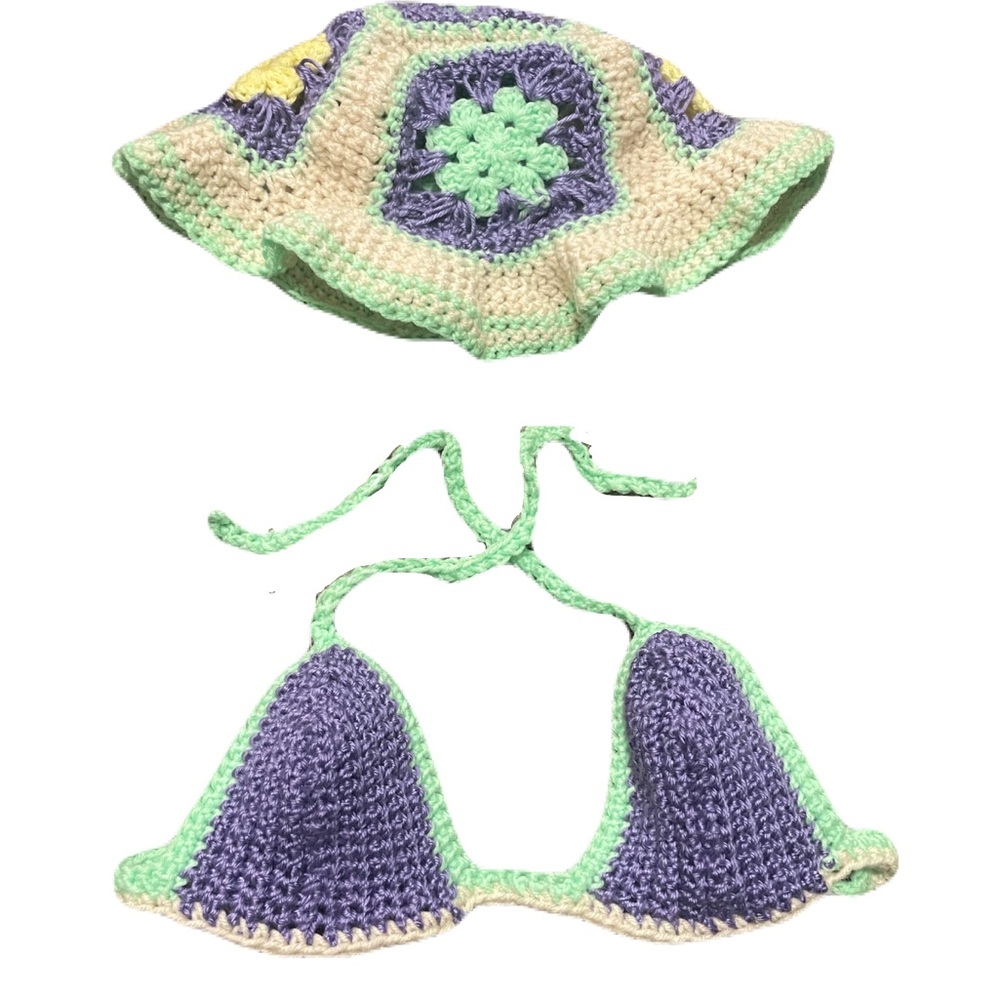 Crochet Bikini Top and Bucket Hat Set in Purple and Green